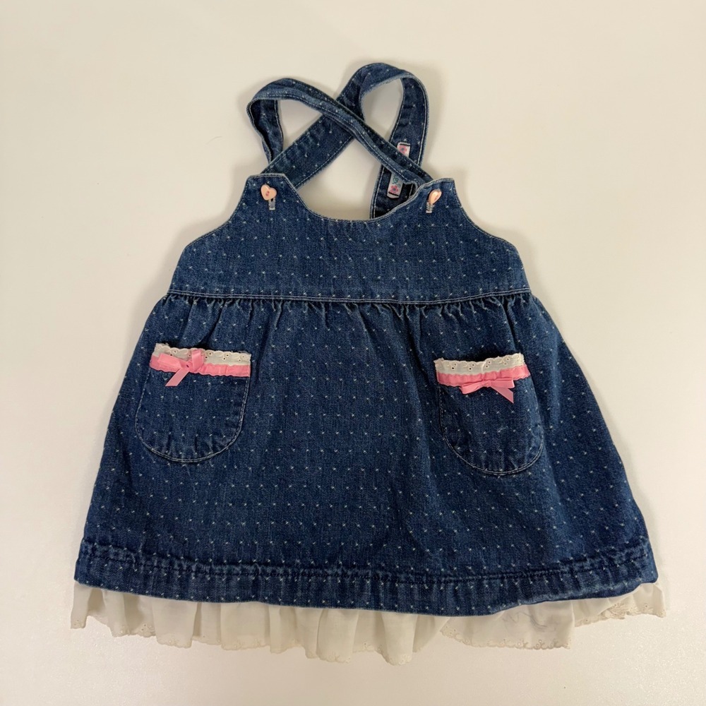 Healthtex Denim Jumper Dress - Heart Buttons Pockets Lace Bows Toddler‎ Girl - Picture 5 of 14